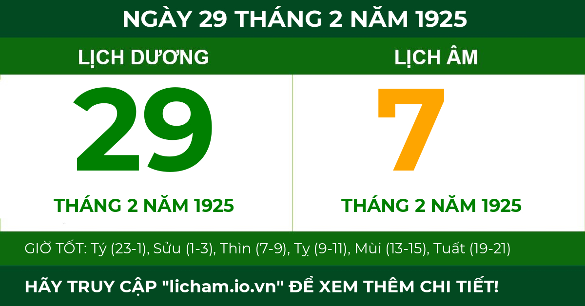 lịch âm ngày 29 tháng 2 năm 1925