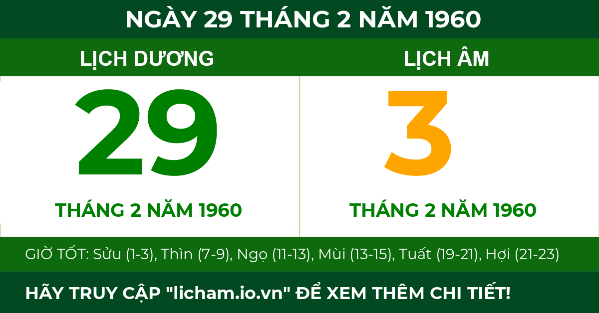 lịch âm ngày 29 tháng 2 năm 1960
