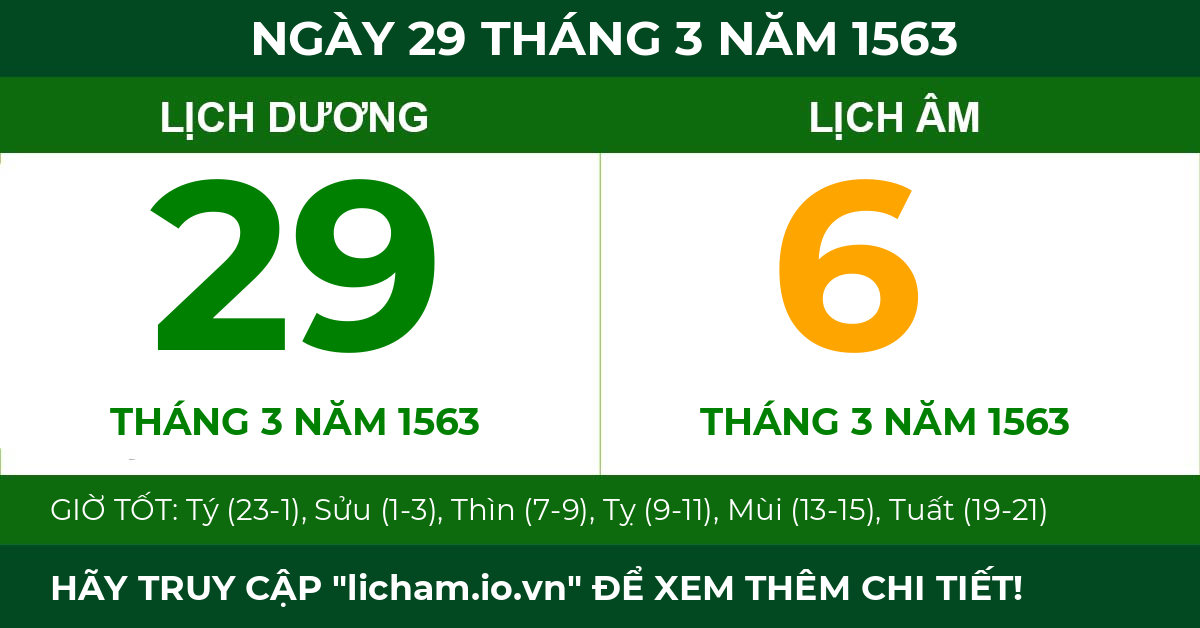 lịch âm ngày 29 tháng 3 năm 1563
