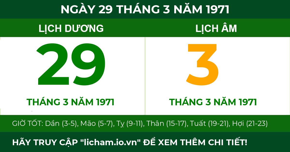 lịch âm ngày 29 tháng 3 năm 1971