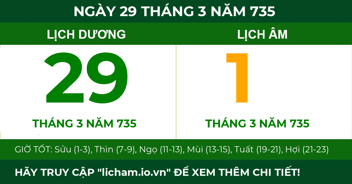 lịch âm ngày 29 tháng 3 năm 735