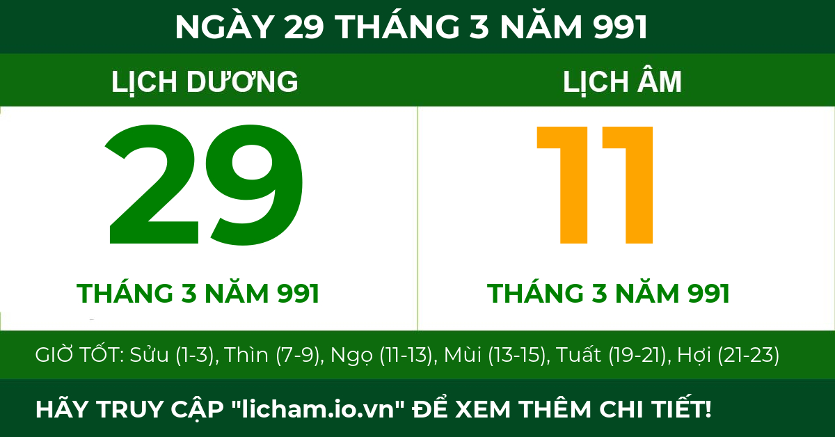 lịch âm ngày 29 tháng 3 năm 991