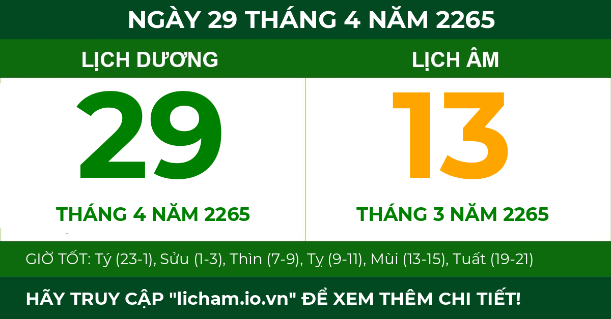 lịch âm ngày 29 tháng 4 năm 2265