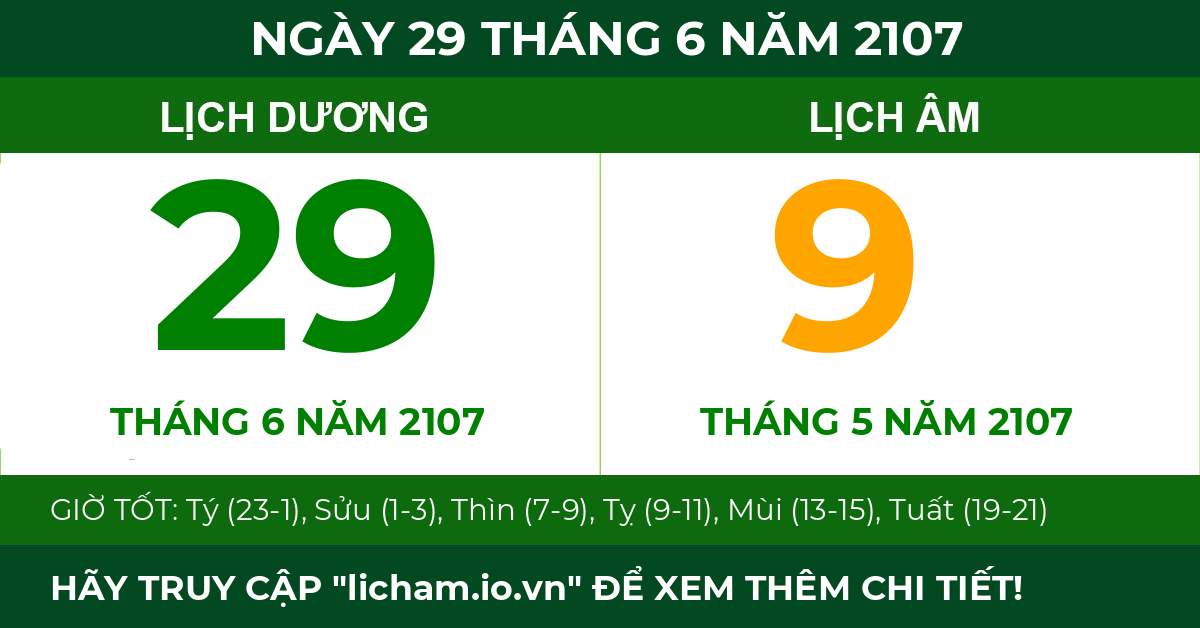 lịch âm ngày 29 tháng 6 năm 2107