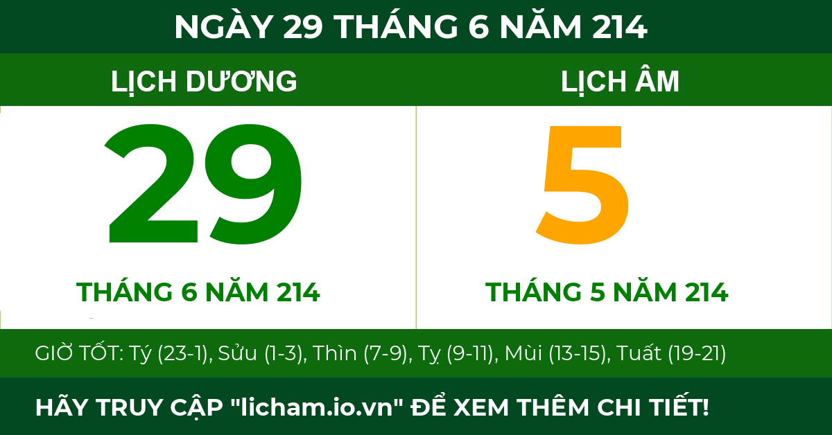 lịch âm ngày 29 tháng 6 năm 214