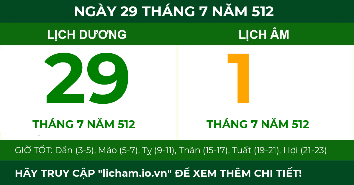 lịch âm ngày 29 tháng 7 năm 512