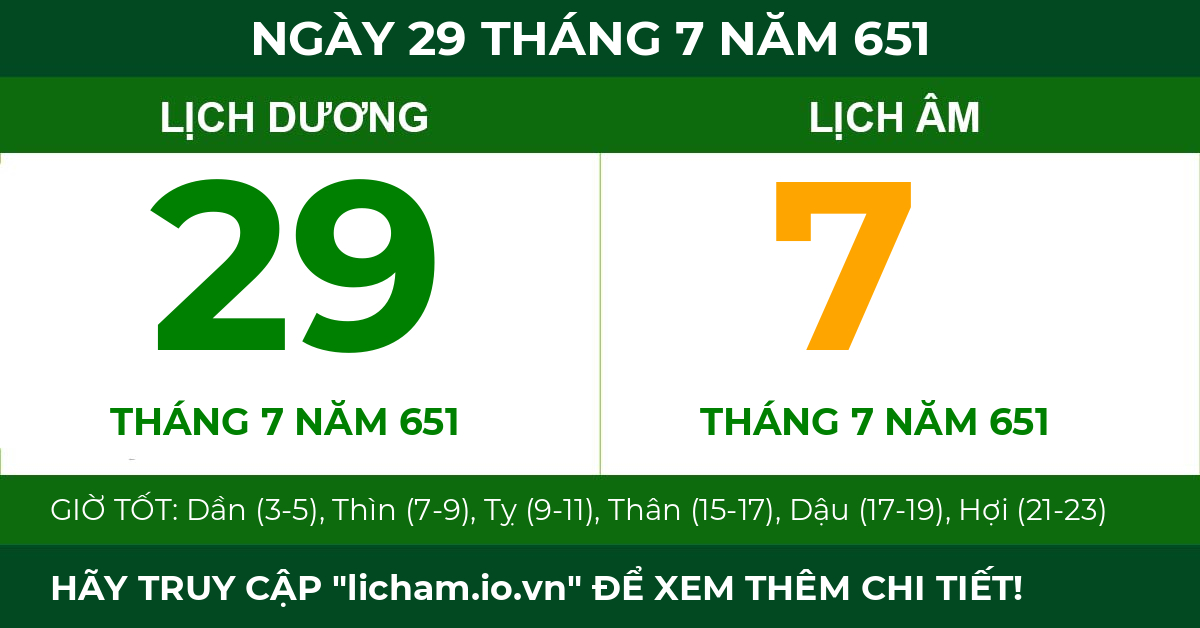 lịch âm ngày 29 tháng 7 năm 651