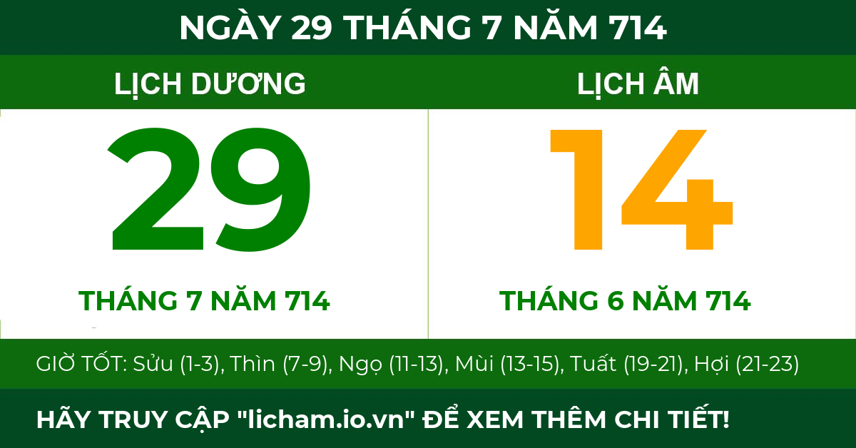 lịch âm ngày 29 tháng 7 năm 714