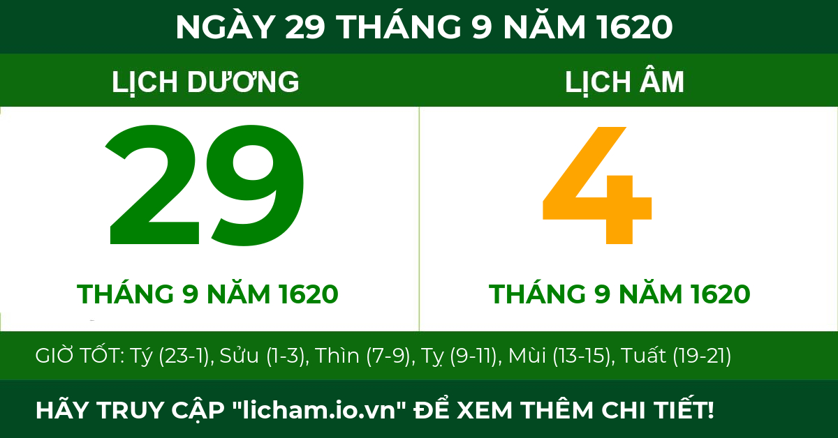 lịch âm ngày 29 tháng 9 năm 1620
