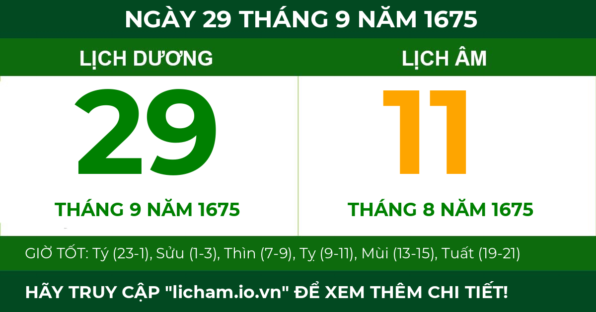 lịch âm ngày 29 tháng 9 năm 1675