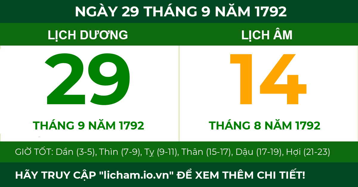 lịch âm ngày 29 tháng 9 năm 1792