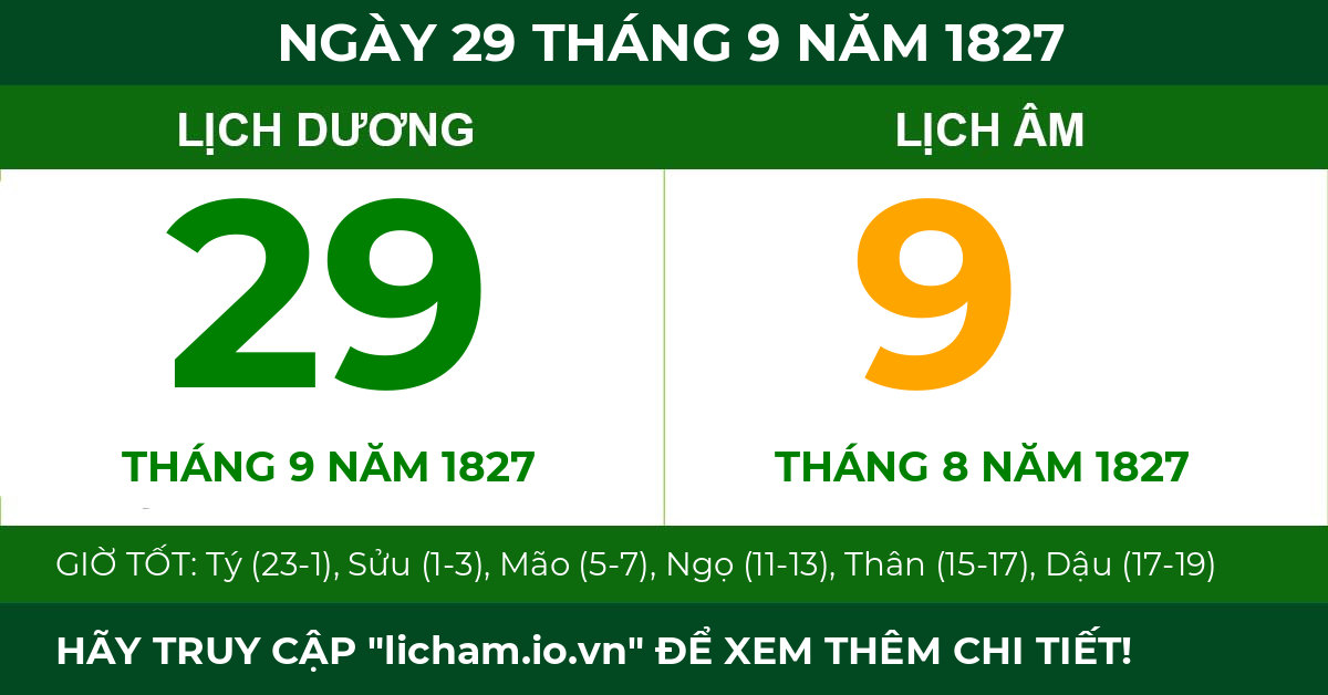 lịch âm ngày 29 tháng 9 năm 1827