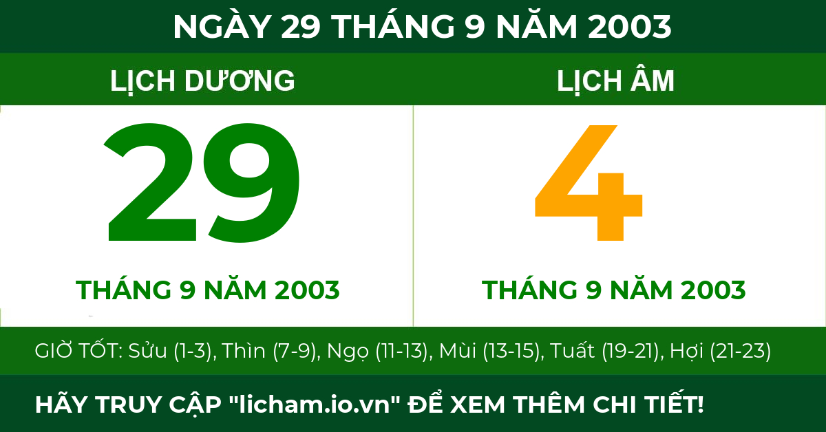 lịch âm ngày 29 tháng 9 năm 2003