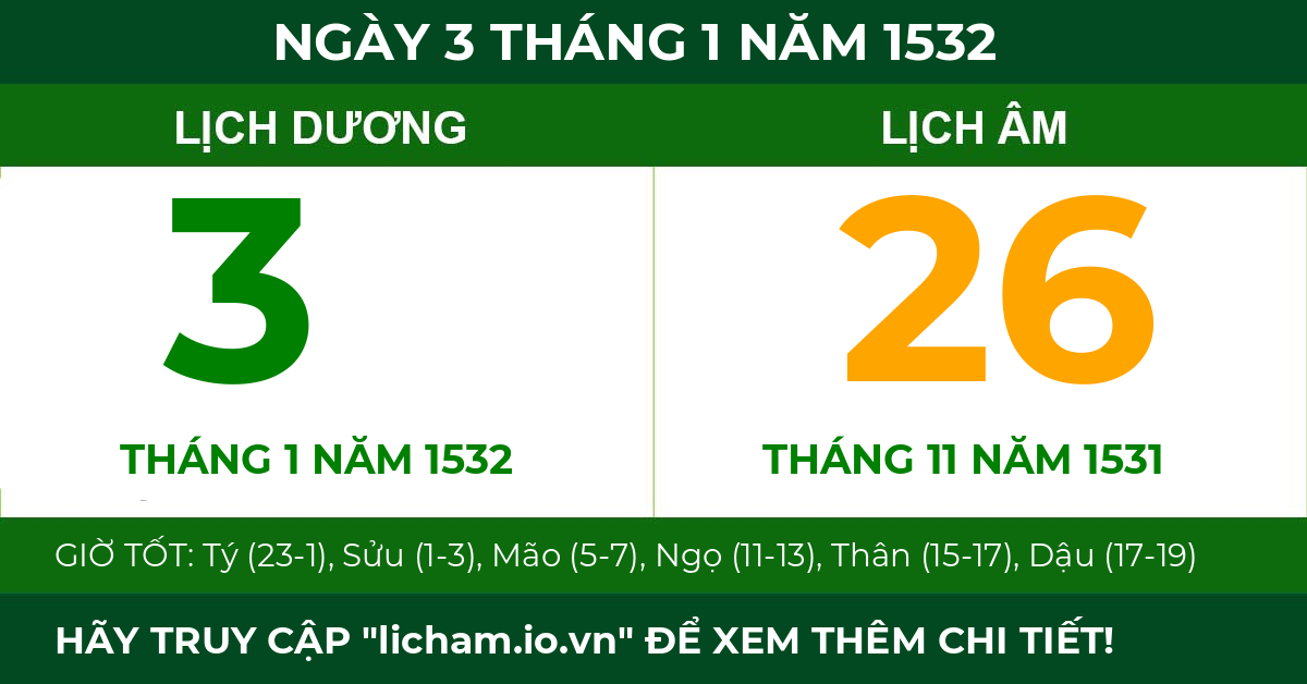 lịch âm ngày 3 tháng 1 năm 1532
