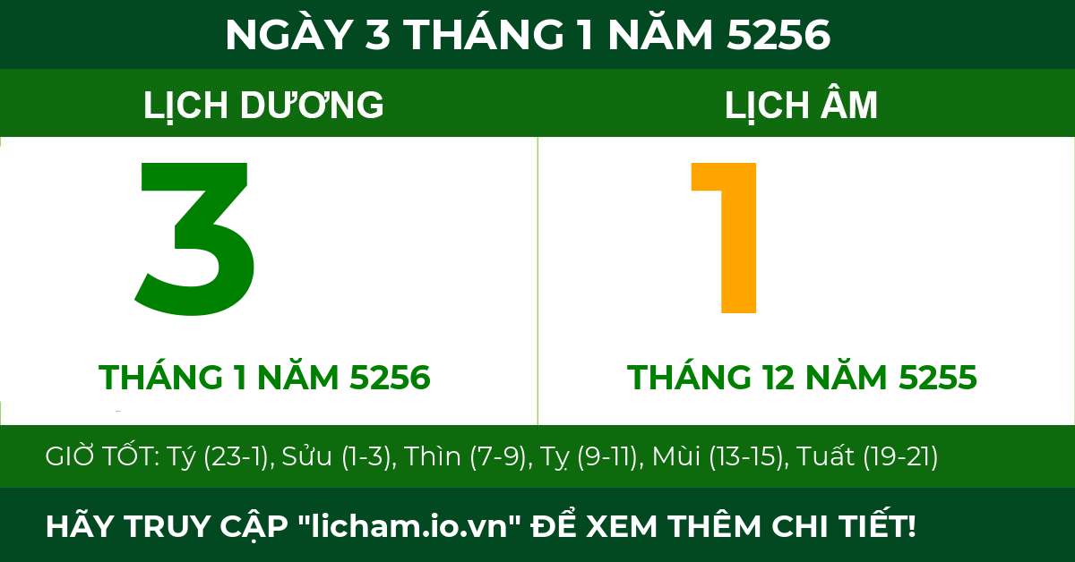 lịch âm ngày 3 tháng 1 năm 5256