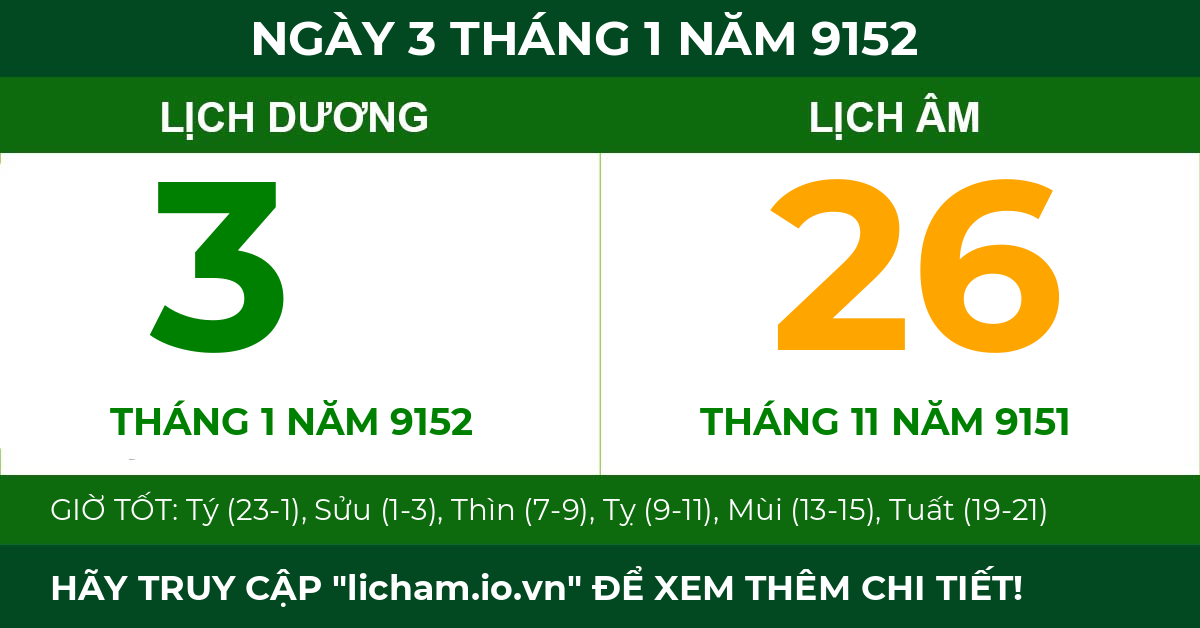 lịch âm ngày 3 tháng 1 năm 9152