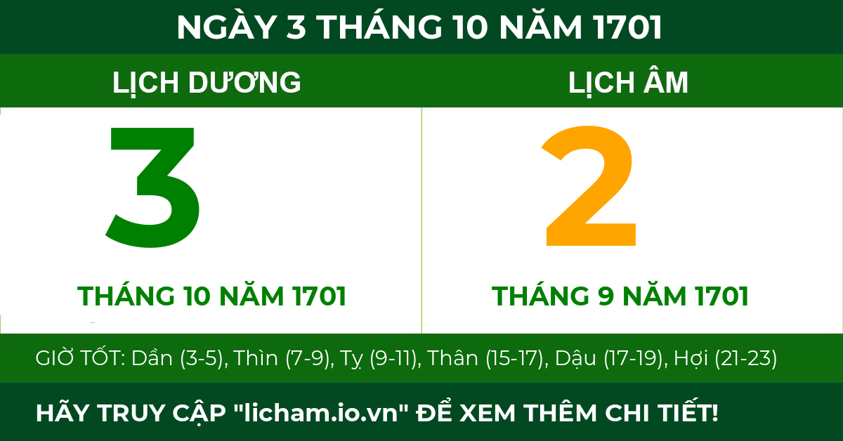 lịch âm ngày 3 tháng 10 năm 1701