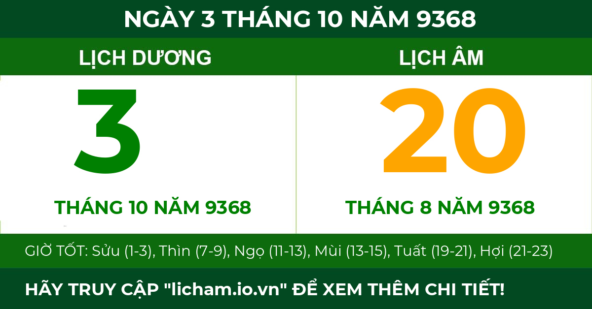 lịch âm ngày 3 tháng 10 năm 9368