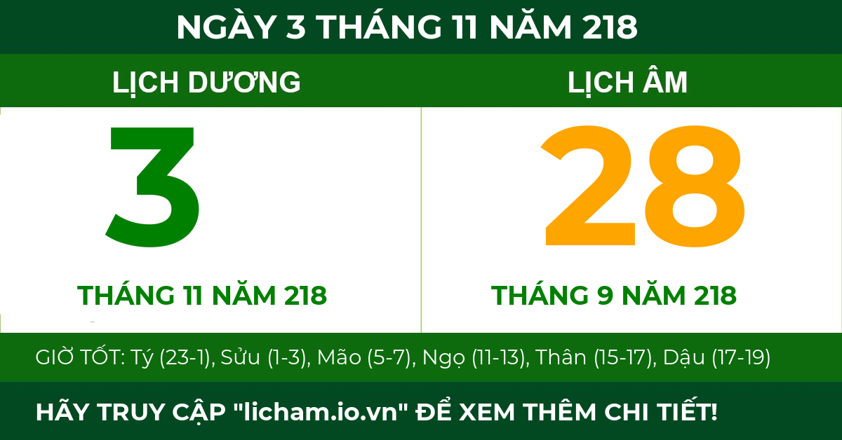lịch âm ngày 3 tháng 11 năm 218