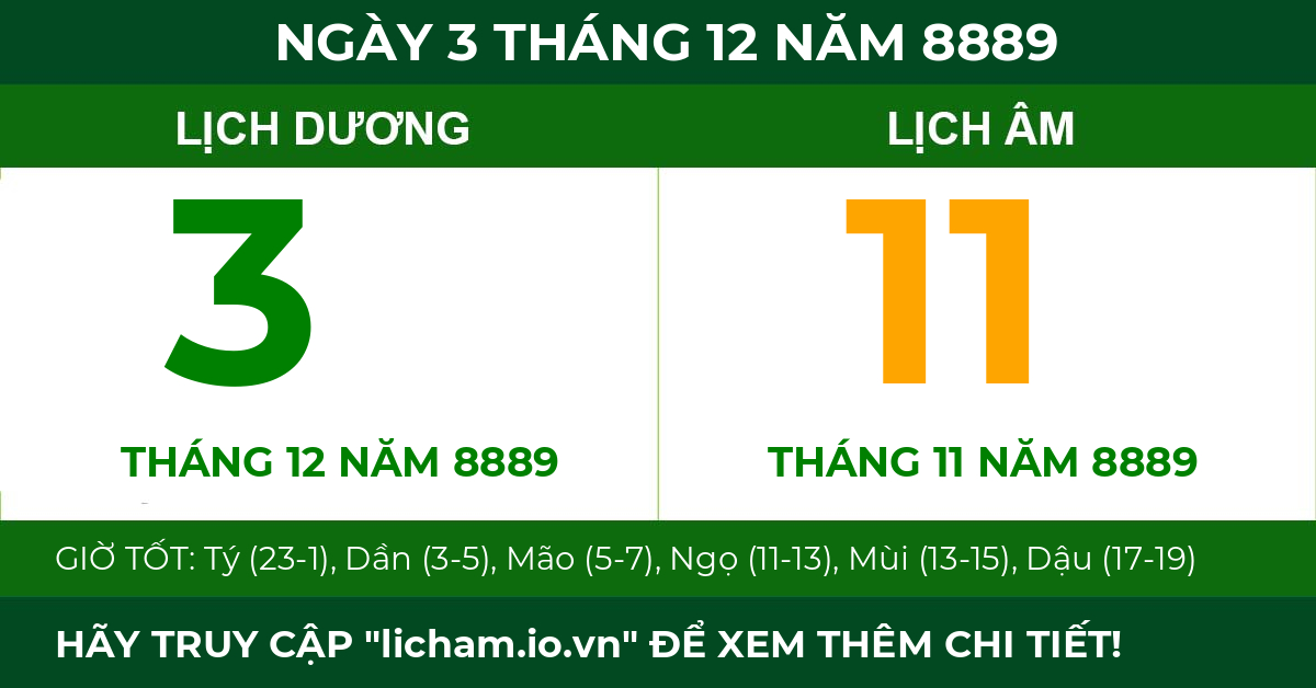 lịch âm ngày 3 tháng 12 năm 8889