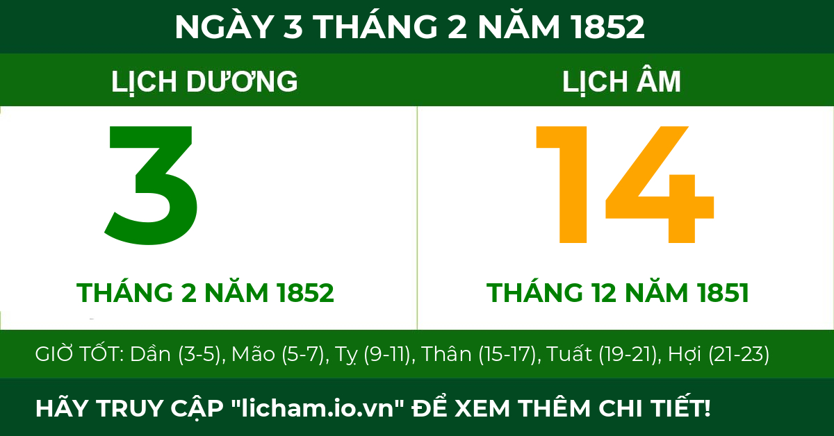 lịch âm ngày 3 tháng 2 năm 1852