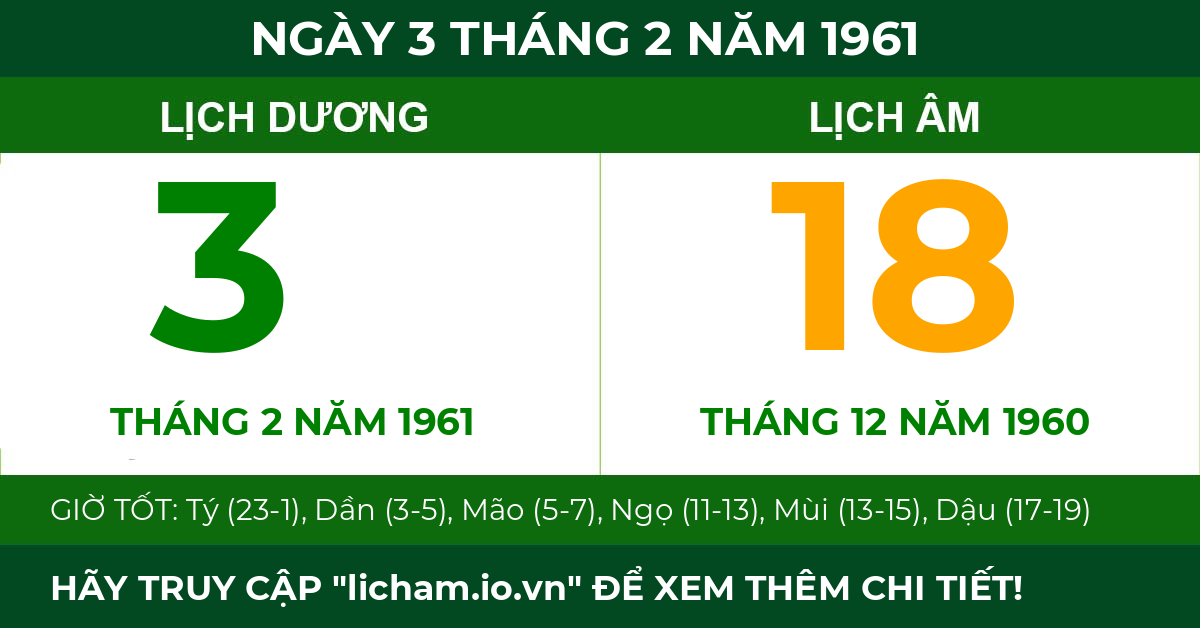 lịch âm ngày 3 tháng 2 năm 1961