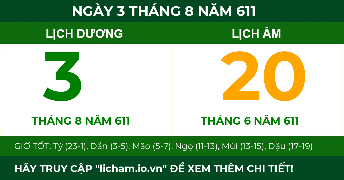 lịch âm ngày 3 tháng 8 năm 611