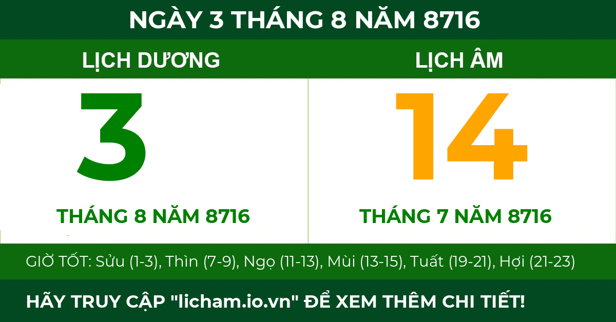 lịch âm ngày 3 tháng 8 năm 8716