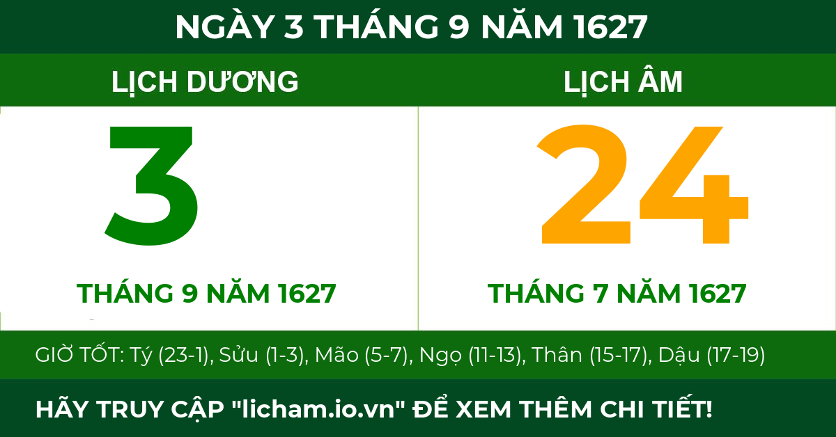 lịch âm ngày 3 tháng 9 năm 1627