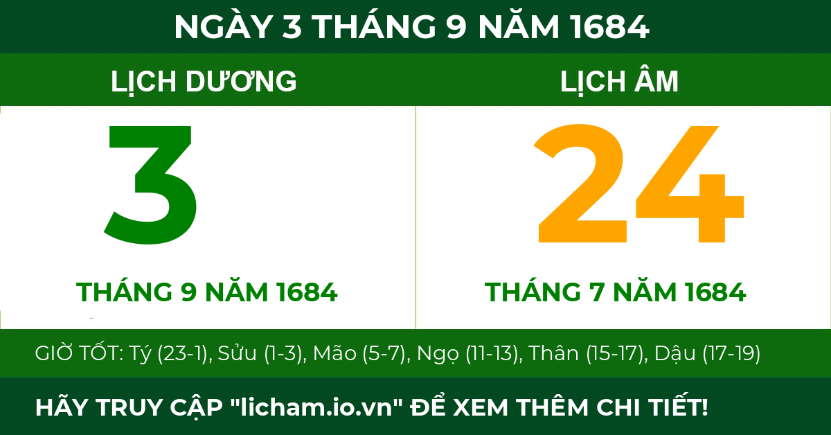 lịch âm ngày 3 tháng 9 năm 1684