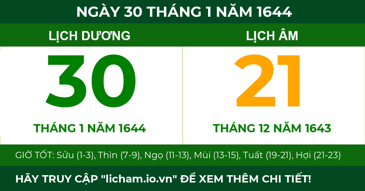 lịch âm ngày 30 tháng 1 năm 1644