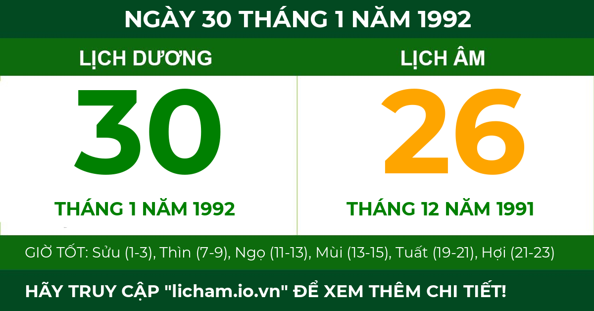 lịch âm ngày 30 tháng 1 năm 1992