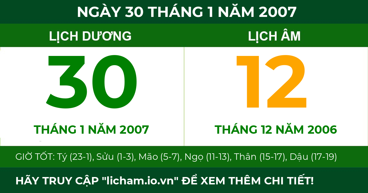 lịch âm ngày 30 tháng 1 năm 2007