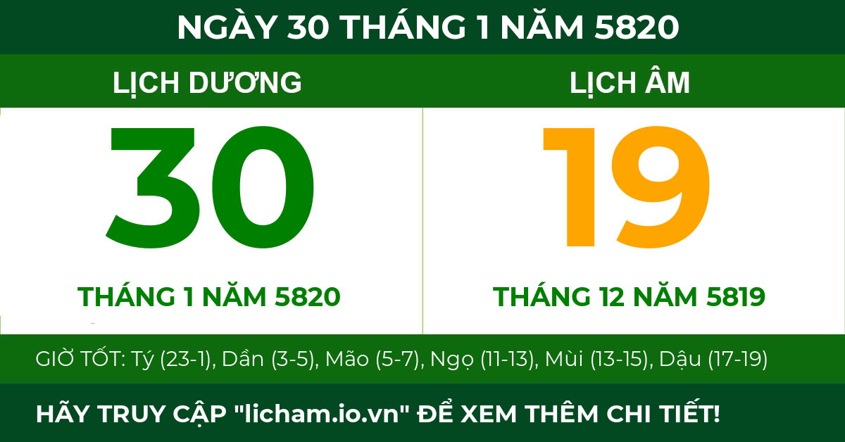 lịch âm ngày 30 tháng 1 năm 5820