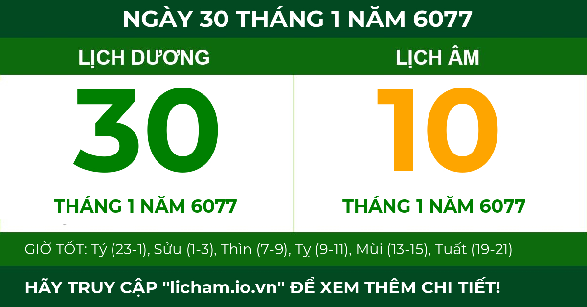 lịch âm ngày 30 tháng 1 năm 6077