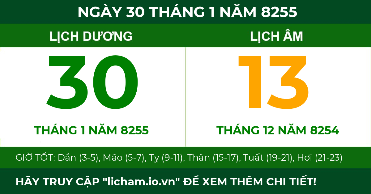 lịch âm ngày 30 tháng 1 năm 8255