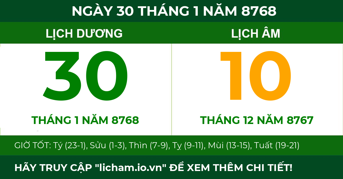 lịch âm ngày 30 tháng 1 năm 8768