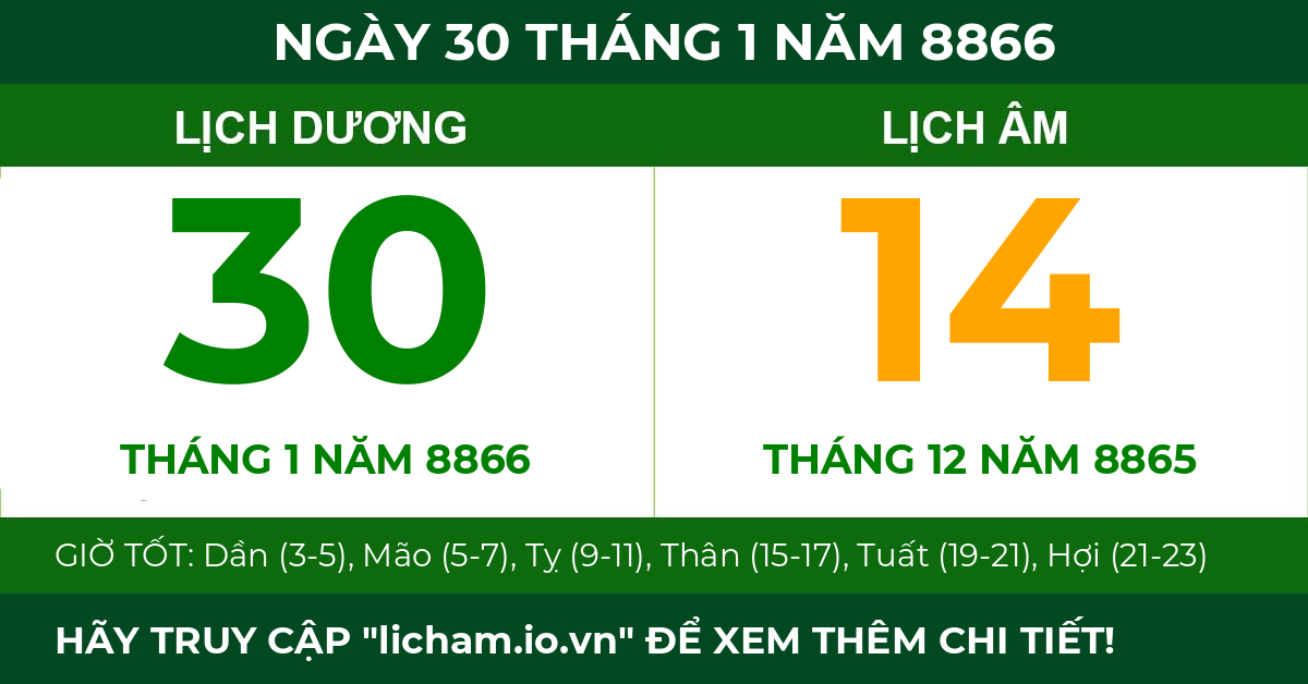 lịch âm ngày 30 tháng 1 năm 8866