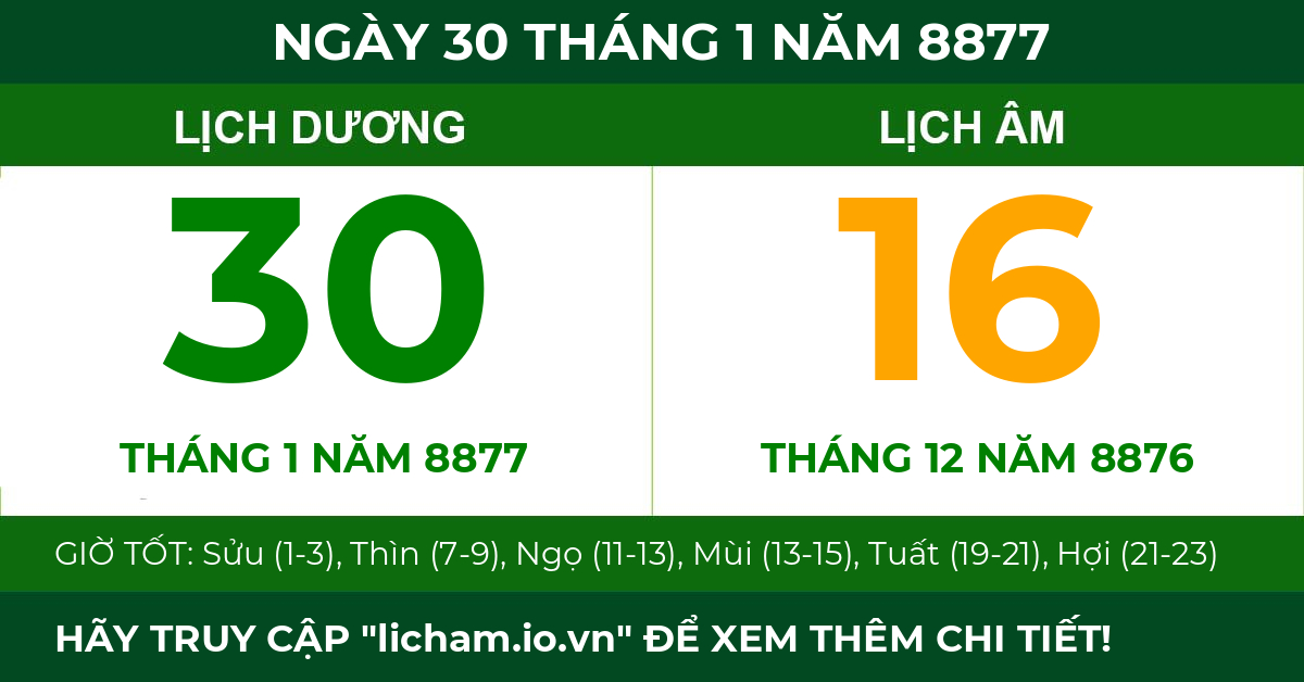 lịch âm ngày 30 tháng 1 năm 8877