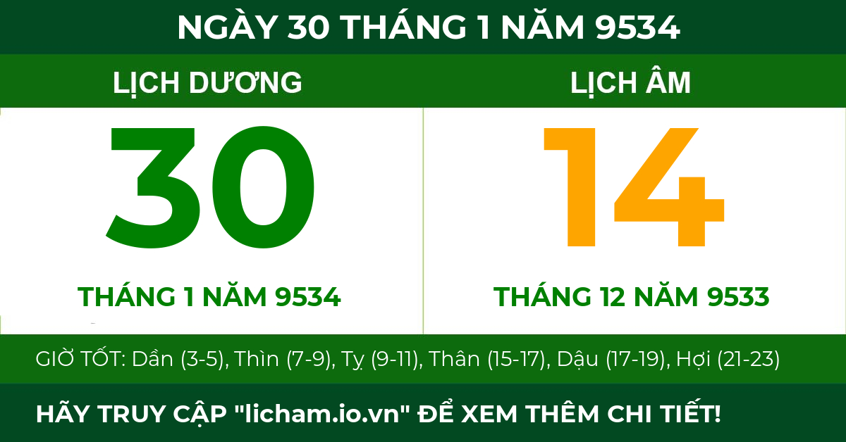 lịch âm ngày 30 tháng 1 năm 9534