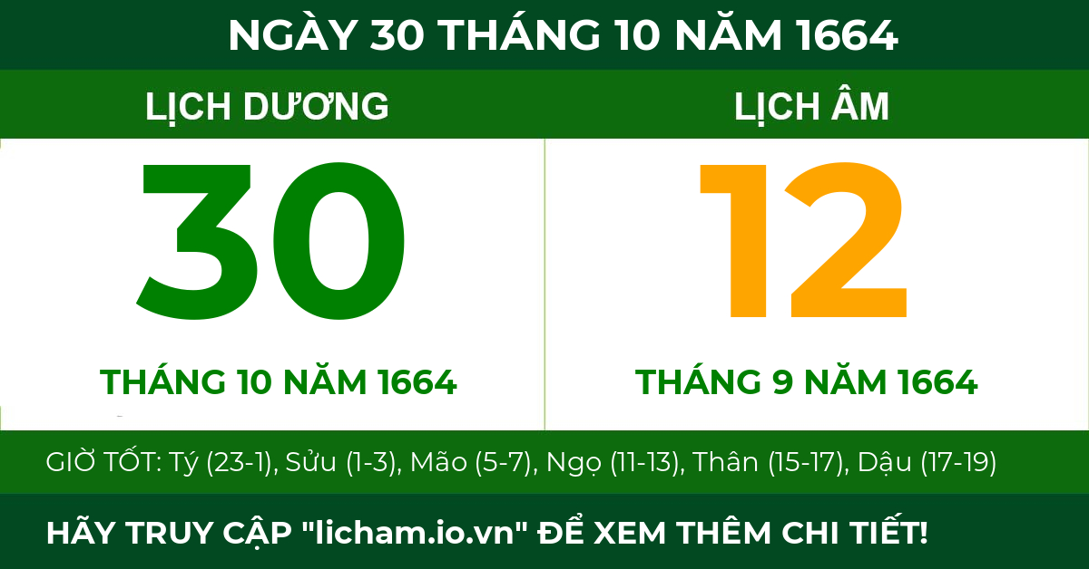 lịch âm ngày 30 tháng 10 năm 1664