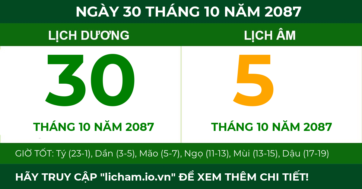 lịch âm ngày 30 tháng 10 năm 2087