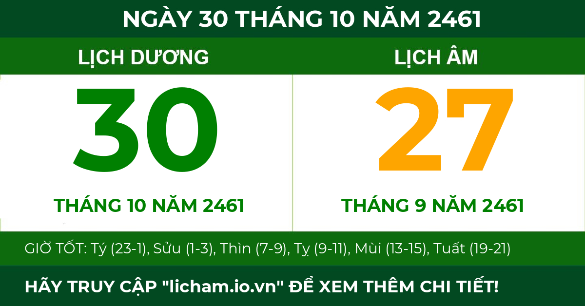 lịch âm ngày 30 tháng 10 năm 2461