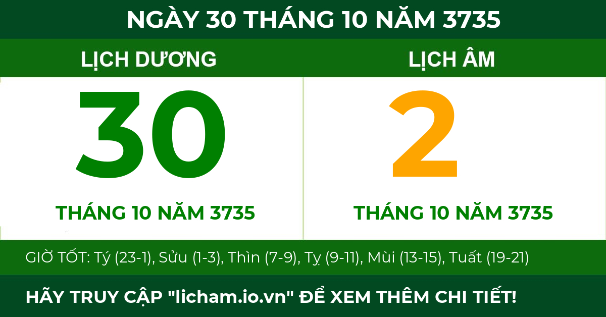 lịch âm ngày 30 tháng 10 năm 3735
