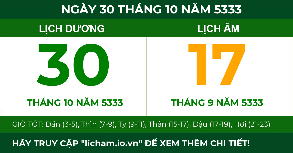 lịch âm ngày 30 tháng 10 năm 5333