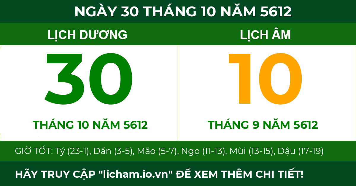 lịch âm ngày 30 tháng 10 năm 5612