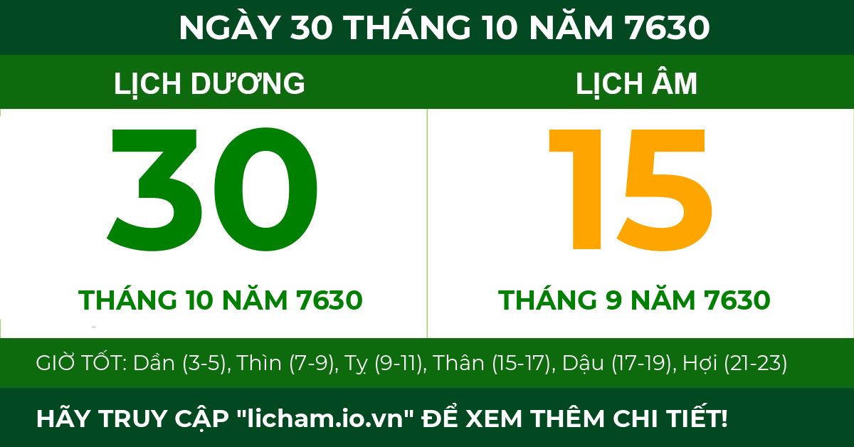 lịch âm ngày 30 tháng 10 năm 7630