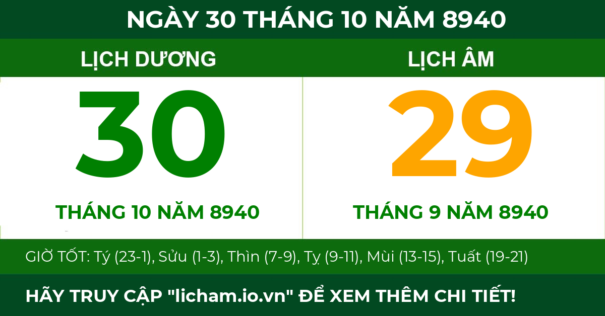 lịch âm ngày 30 tháng 10 năm 8940
