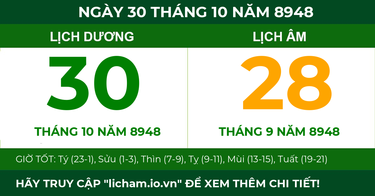 lịch âm ngày 30 tháng 10 năm 8948