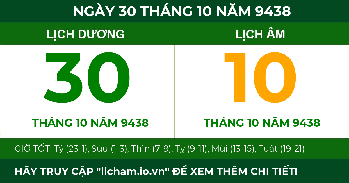 lịch âm ngày 30 tháng 10 năm 9438